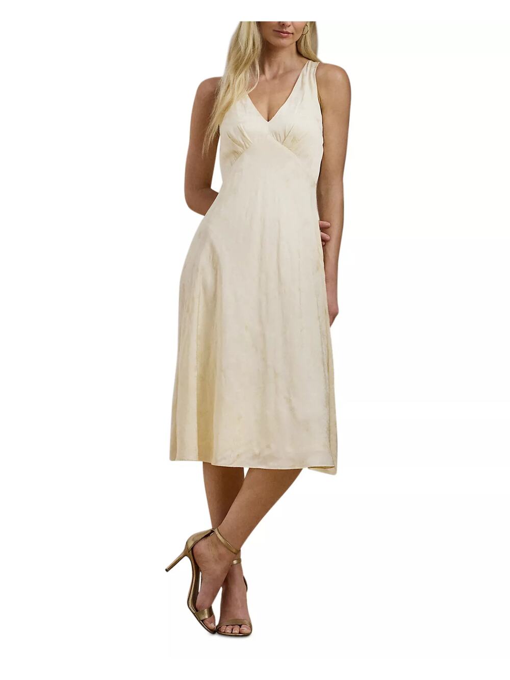 Lauren Ralph Lauren Floral Jacquard Sleeveless Midi Dress Ivory Beige Size 8